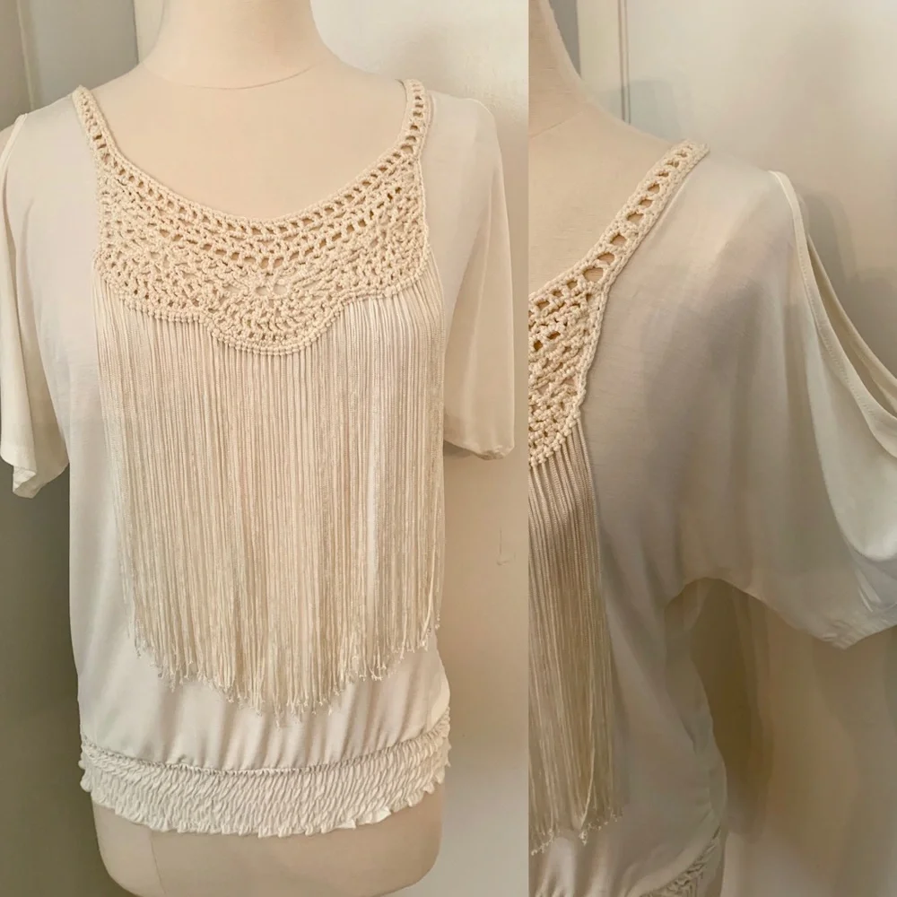 Women’s Small Fringe Blouse Cream Cowgirl Western Chic Festival tassels top - Picture 11 of 11